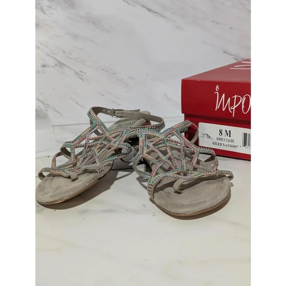 Women's Multi-Color Studs Taupe Base Strappy Sandals Silver Heel Sz 8M